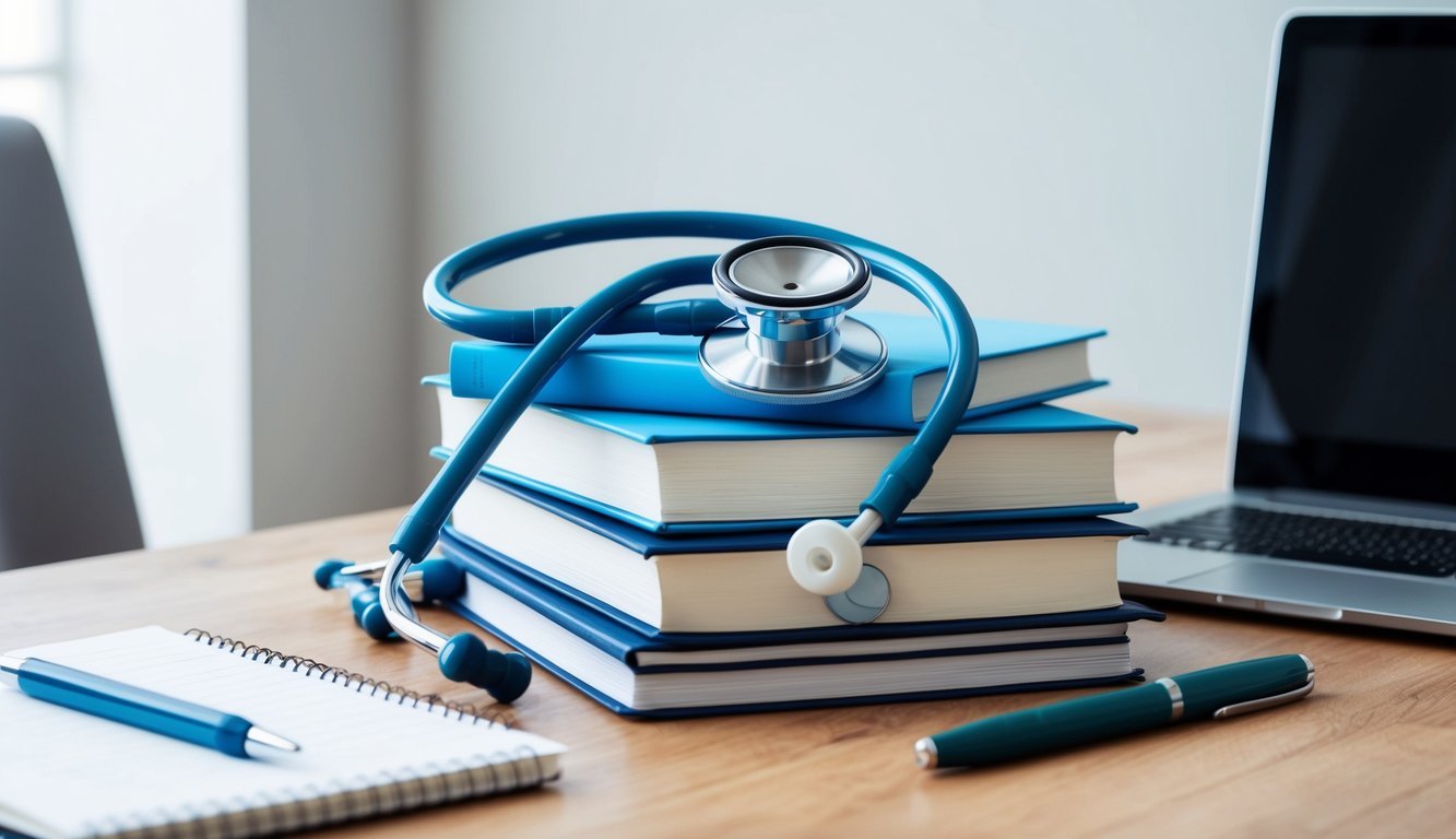 A stethoscope resting on a stack of medical textbooks, surrounded by a laptop, pen, and notepad on a desk in a quiet study space