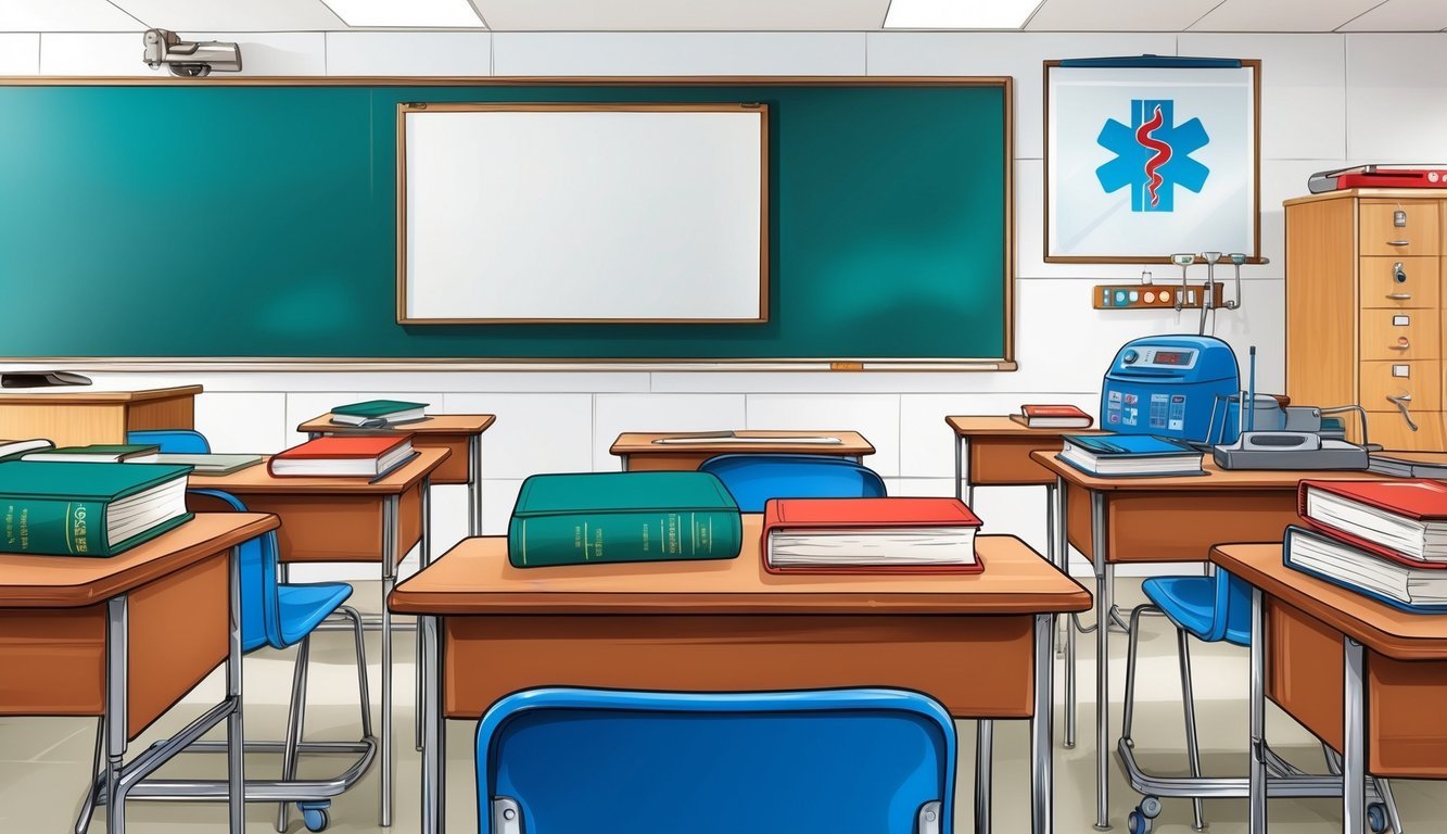 A classroom setting with a whiteboard, textbooks, and medical equipment