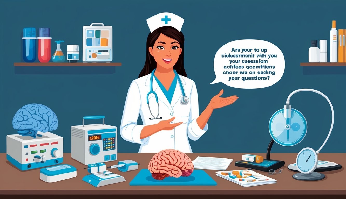 A neuroscience nurse answering questions with a brain model and medical equipment on a desk