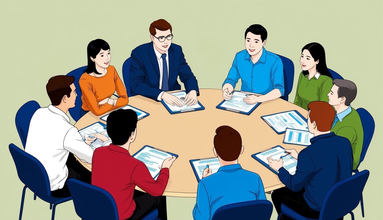 A group of people gathered around a table, discussing and asking questions about APRN programs