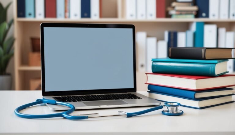 Laptop, stethoscope, and books on a desk, medical or educational setting