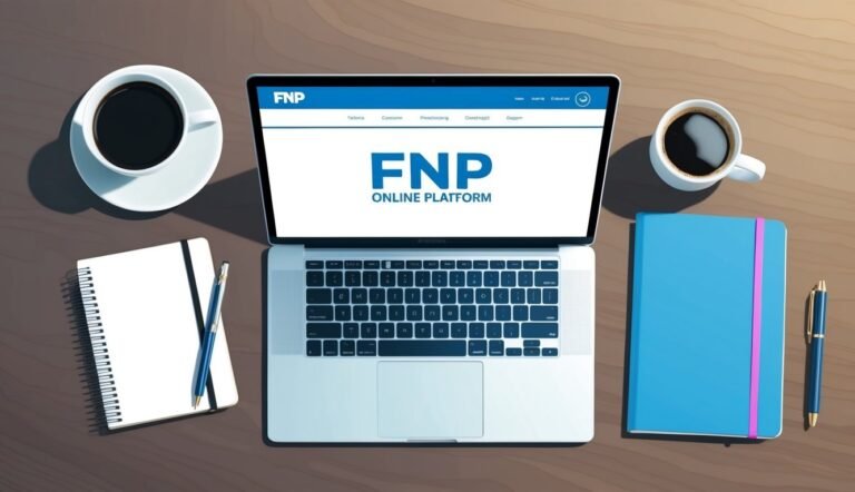 Laptop displaying FNP online platform, with coffee, notebook, and pen