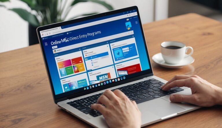 Laptop displaying MSN Direct Entry Programs website, hands typing, coffee cup nearby