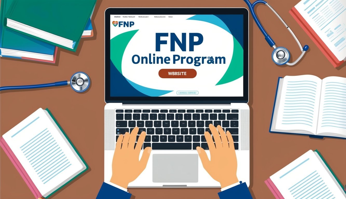 A laptop with an online FNP program website open, surrounded by medical books and a stethoscope