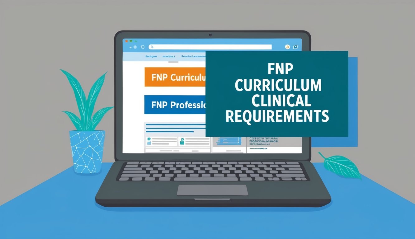 A laptop with open web browser showing FNP curriculum and clinical requirements