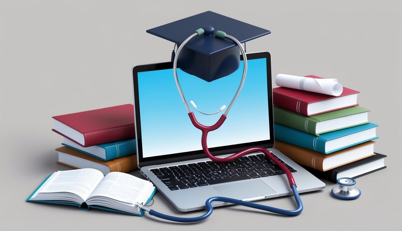 A laptop with a stethoscope draped over it, surrounded by medical textbooks and a graduation cap