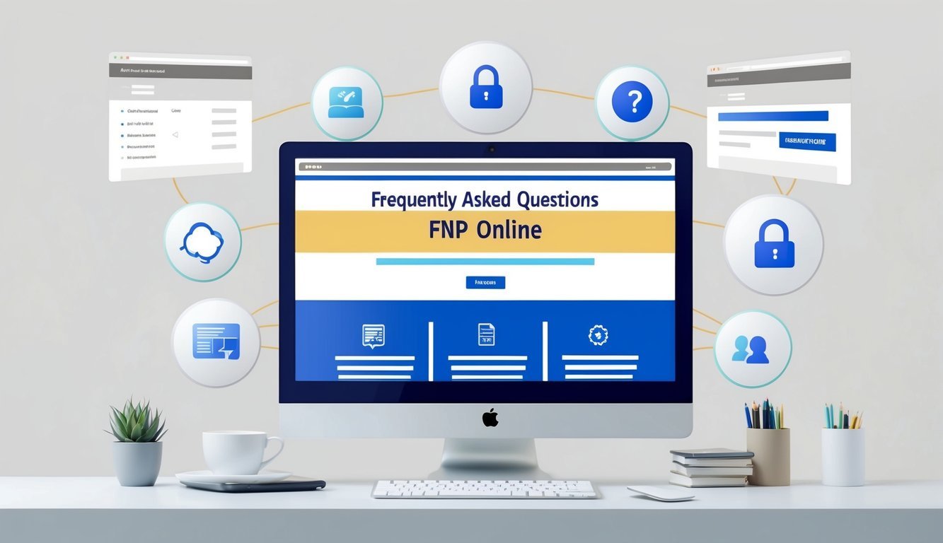 A computer screen displaying a webpage with the title "Frequently Asked Questions fnp online" surrounded by various icons and buttons