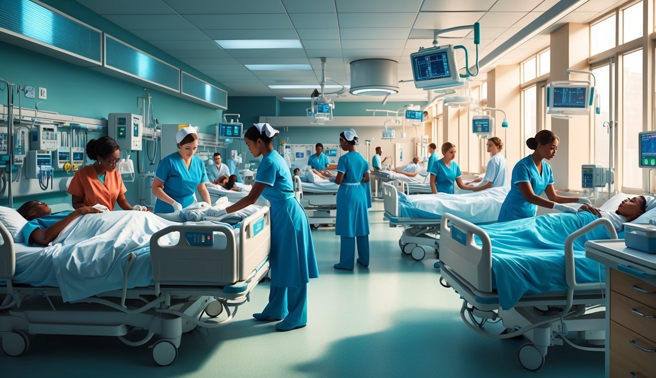 Nurses tending to patients in a modern hospital ward with medical equipment