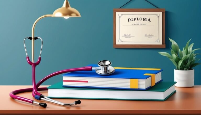 Stethoscope, books, diploma, and plant on a desk, medical education concept