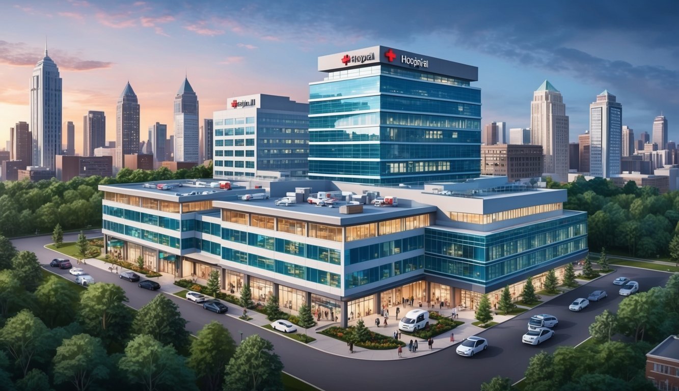 A bustling hospital with modern architecture and a bustling emergency room, surrounded by a city skyline