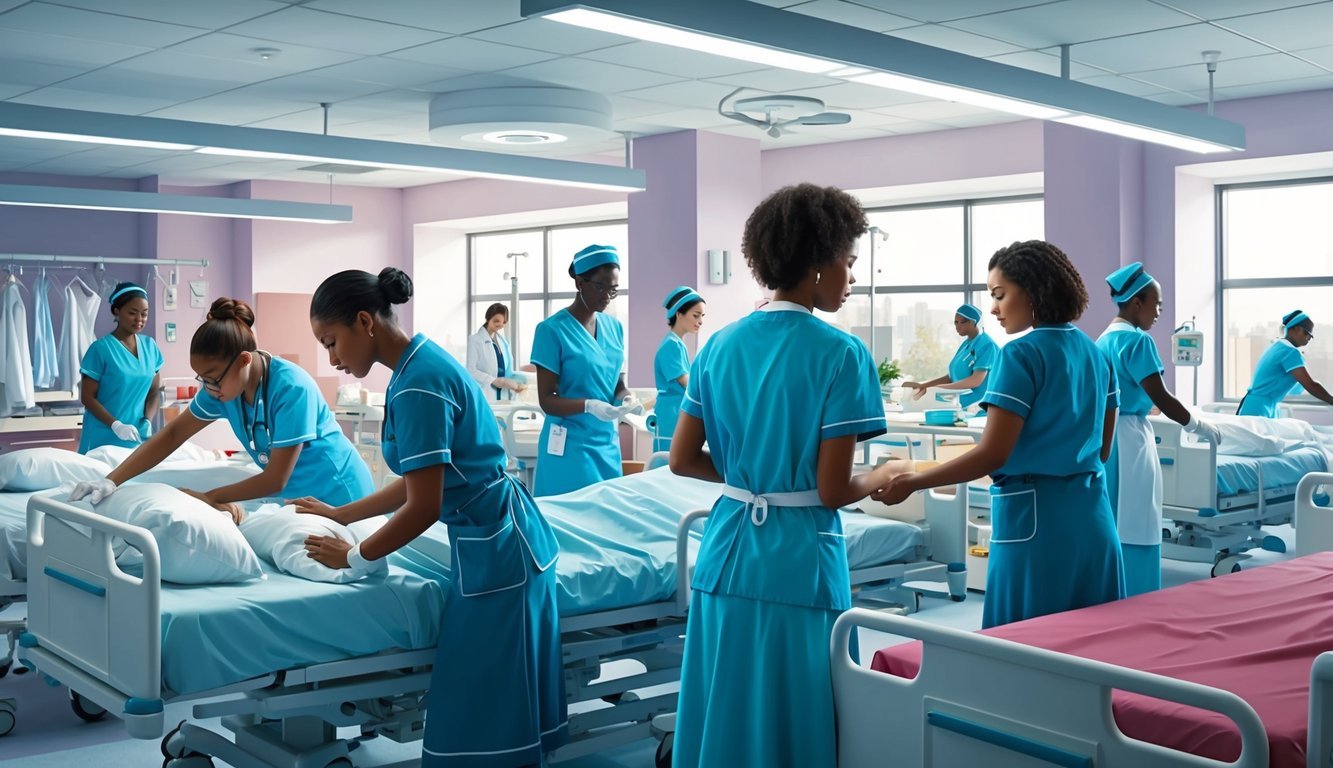 A bustling hospital ward with nurses tending to patients, while other healthcare professionals are seen in the background, working diligently