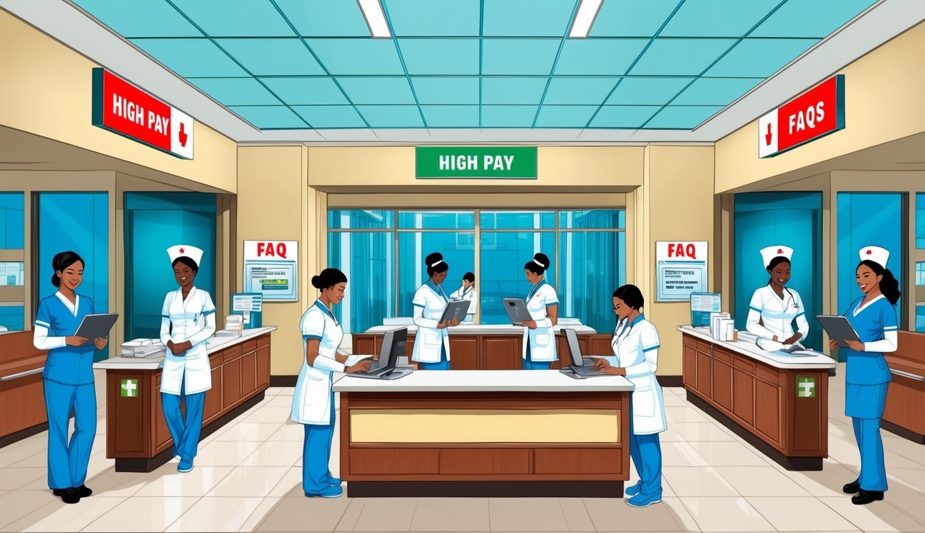 A bustling hospital lobby with nurses at work, surrounded by signs indicating high pay and FAQs