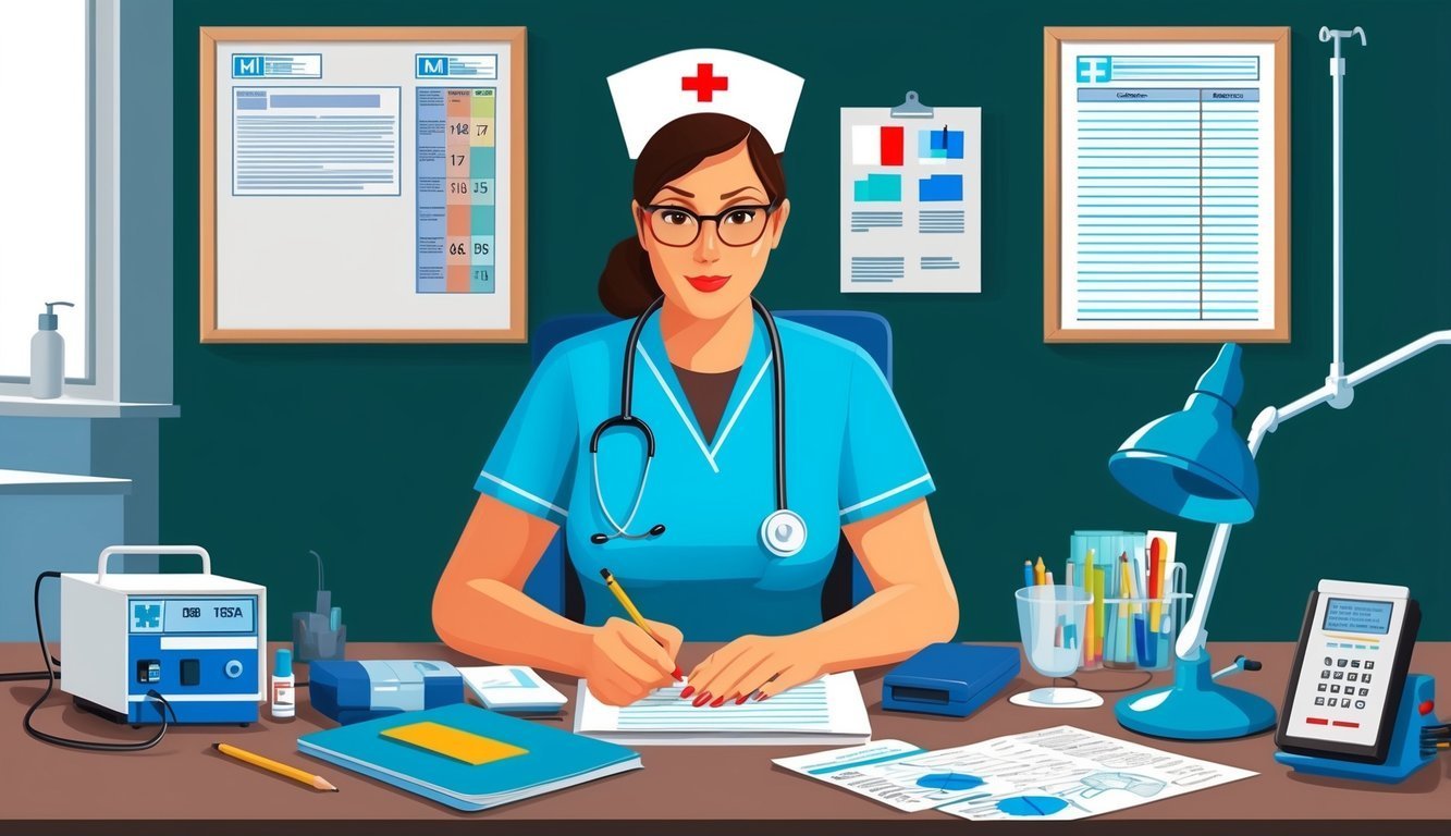 Nurse in blue scrubs writing at a desk with medical equipment