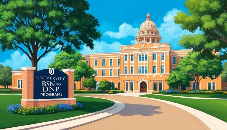 University building with sign for BSN to DNP programs, trees, and blue sky