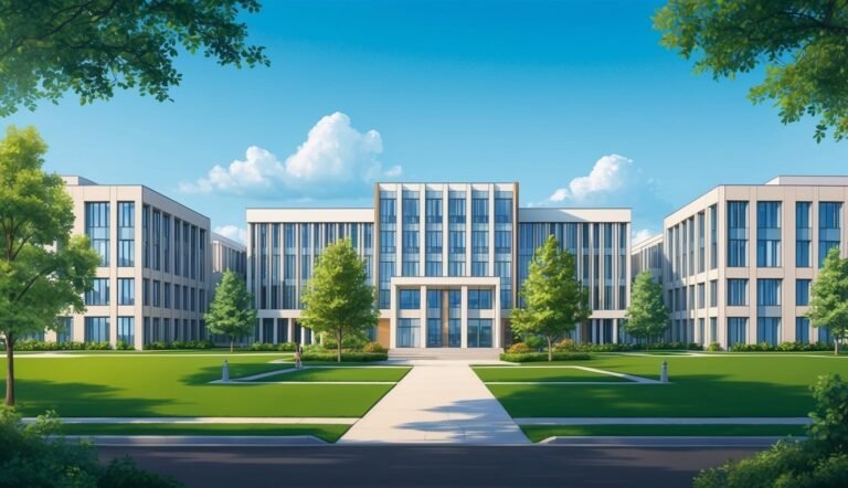 Modern building with glass windows, green lawn, and trees under a blue sky