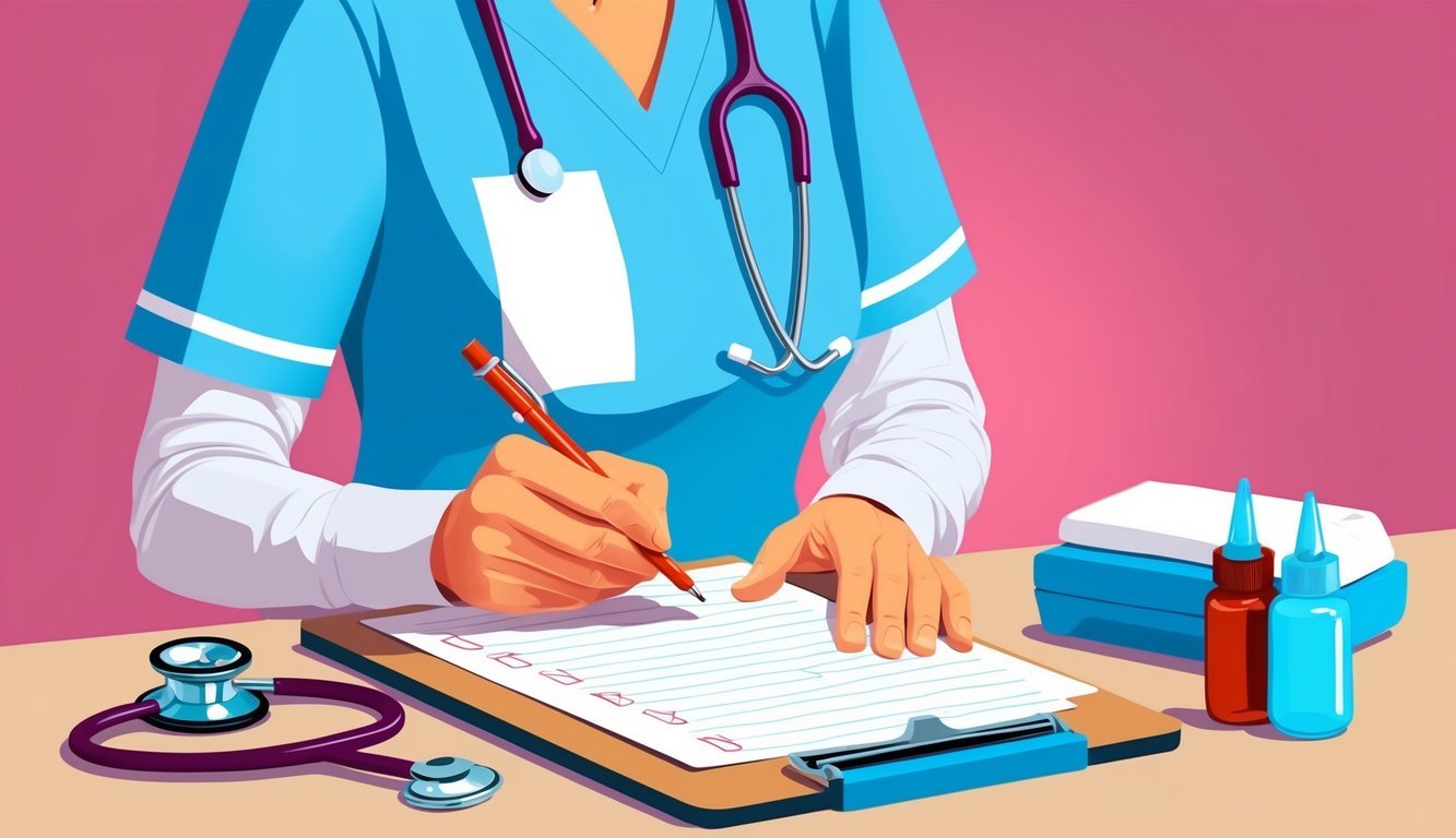 A nurse writing notes on a clipboard, with a stethoscope and medical supplies nearby