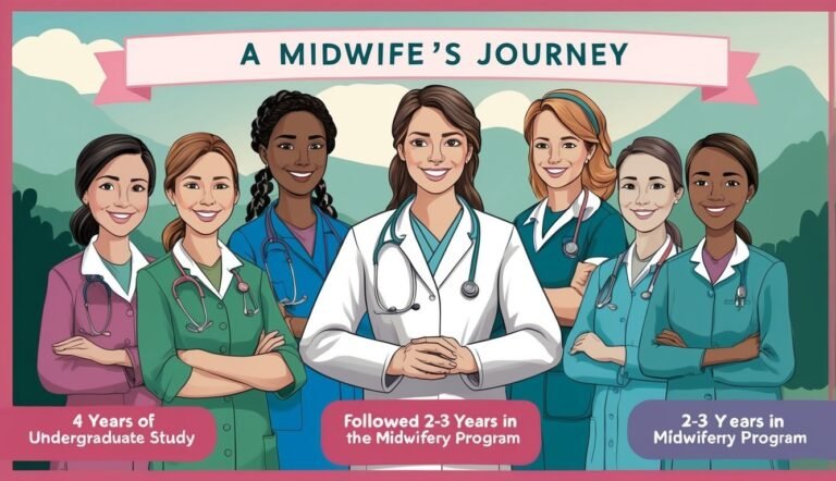 Illustration of seven smiling midwives, with text describing their educational journey