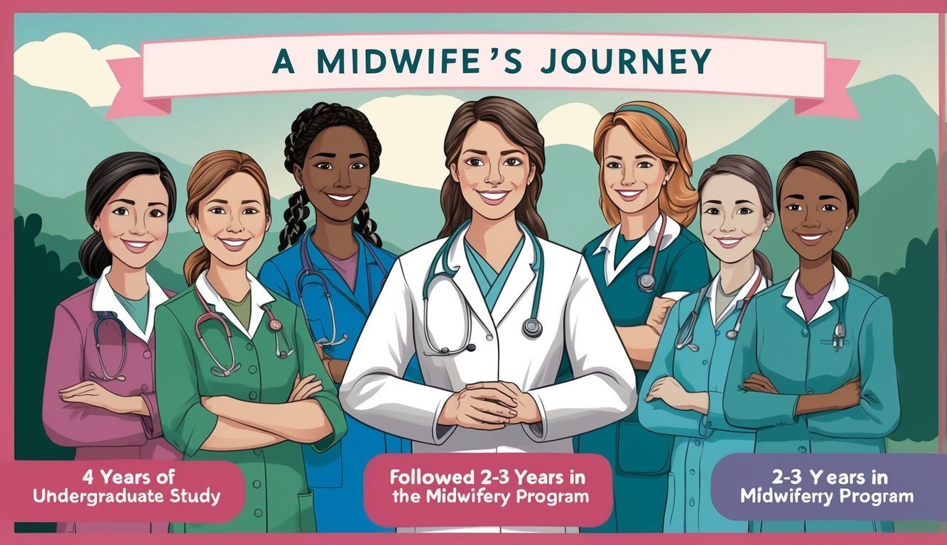 Illustration of seven smiling midwives, with text describing their educational journey