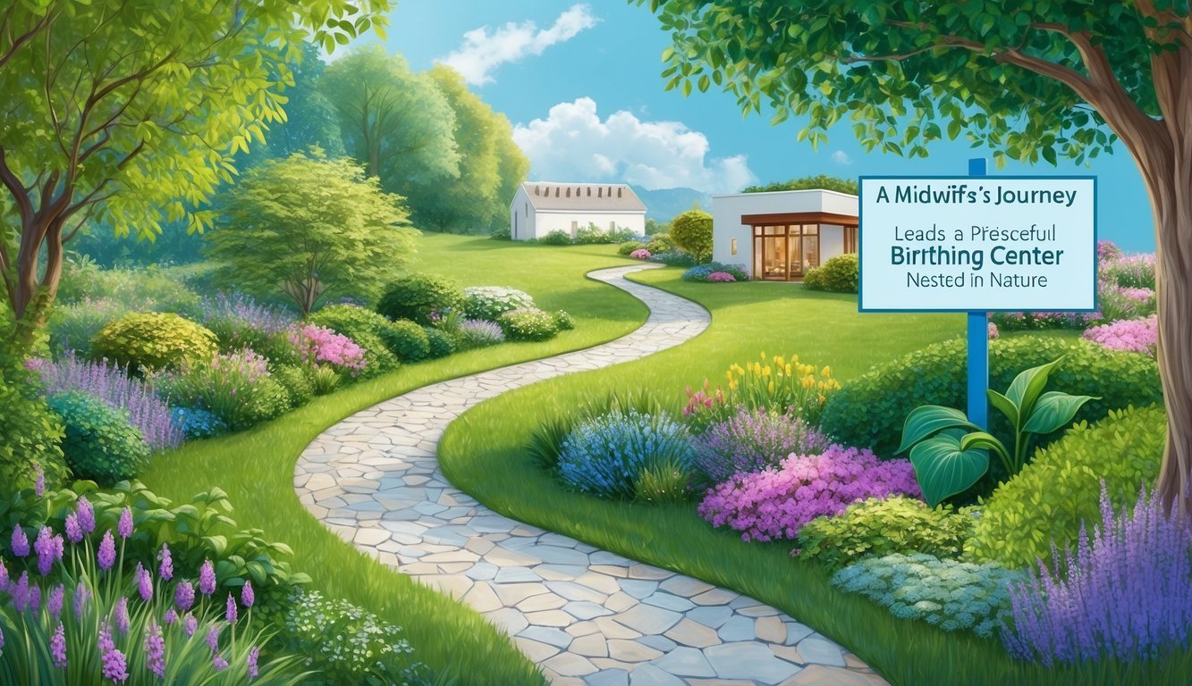 A midwife's journey: a winding path through a lush garden, leading to a peaceful birthing center nestled in the heart of nature
