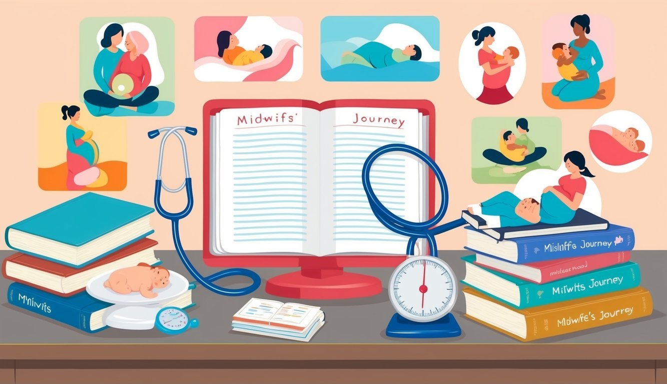 A midwife's journey: a stethoscope, baby scale, and textbooks on a desk, surrounded by colorful illustrations of pregnancy and childbirth