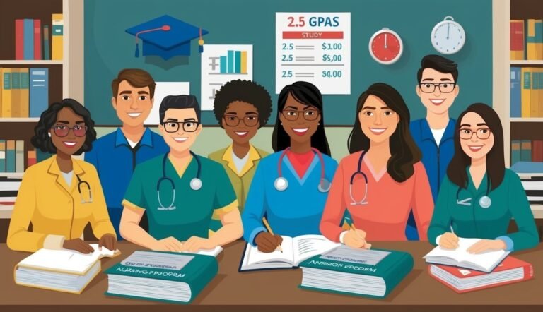 Group of diverse nursing students studying in a library setting