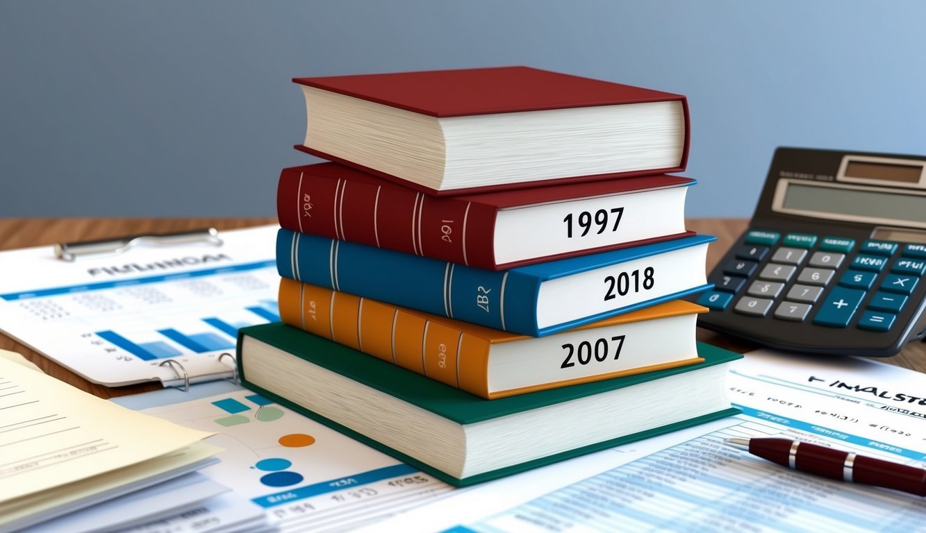 A stack of books and a calendar with years marked, surrounded by a calculator and financial documents