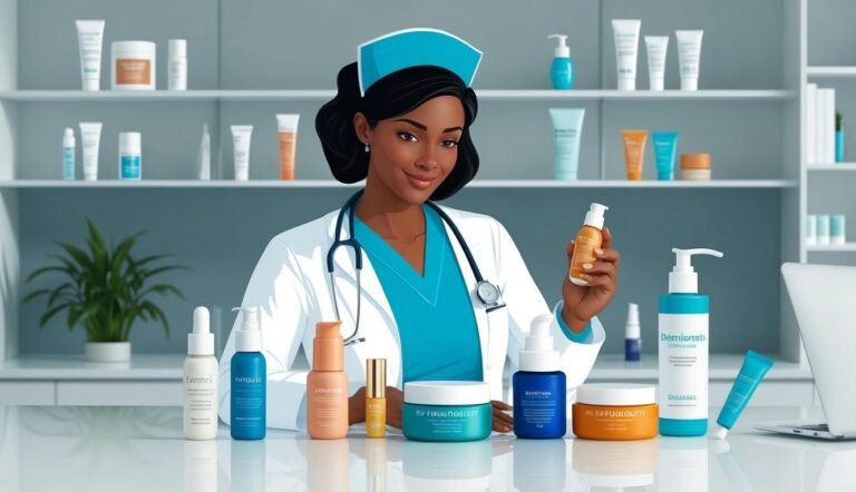 Smiling nurse with skincare products on a table in front of her