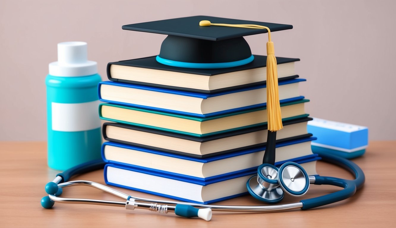 A stack of books with a graduation cap on top, surrounded by a stethoscope and nursing supplies