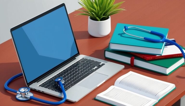 Laptop, stethoscope, books, and plant on a desk, medical education concept