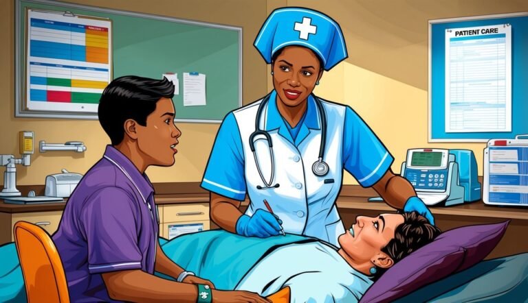 Nurse tending to a patient in bed, with a visitor present