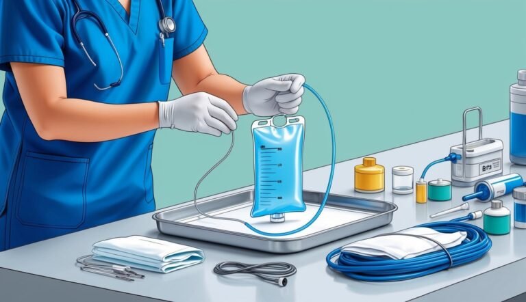 Nurse preparing an IV bag with medical supplies on a table