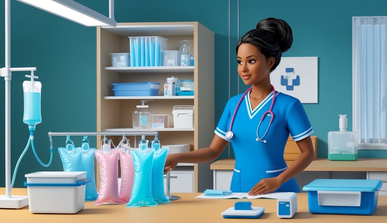 A nurse standing at a hospital workstation, preparing IV bags and equipment for patient care
