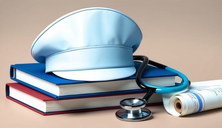 Nurse's cap, stethoscope, and books, representing medical education