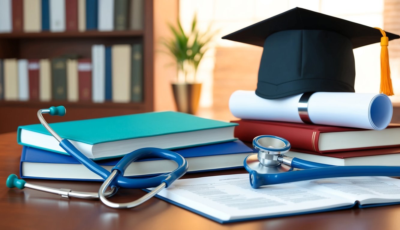 A stethoscope, medical textbooks, and a nursing cap on a desk with a diploma and graduation cap in the background