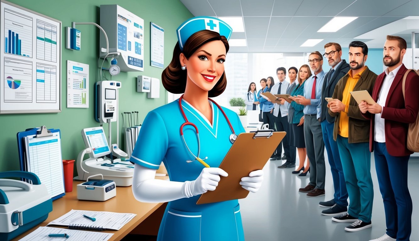 A nurse holding a clipboard, surrounded by medical equipment and charts, with a line of people waiting to ask questions