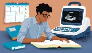 Man studying with ultrasound machine, calendar, and books