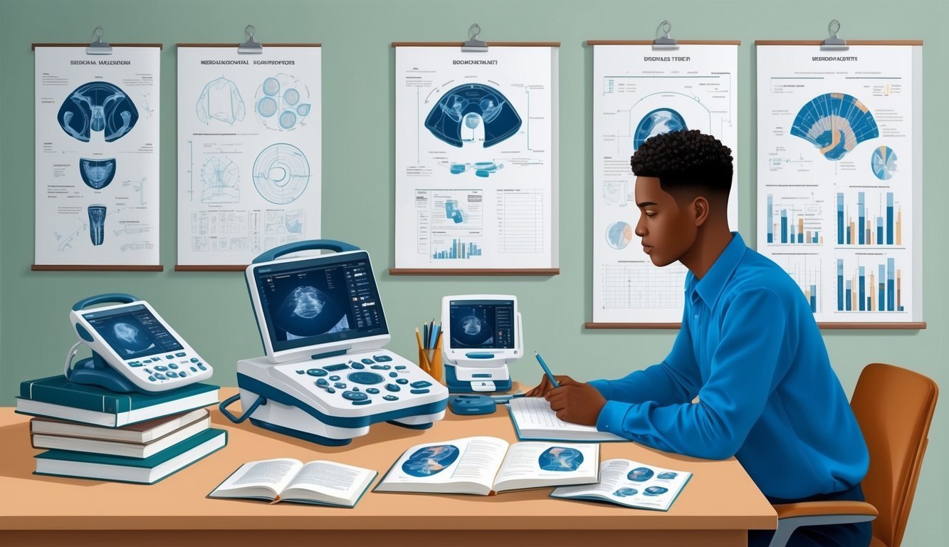A person studying at a desk with ultrasound equipment and textbooks, surrounded by medical diagrams and charts