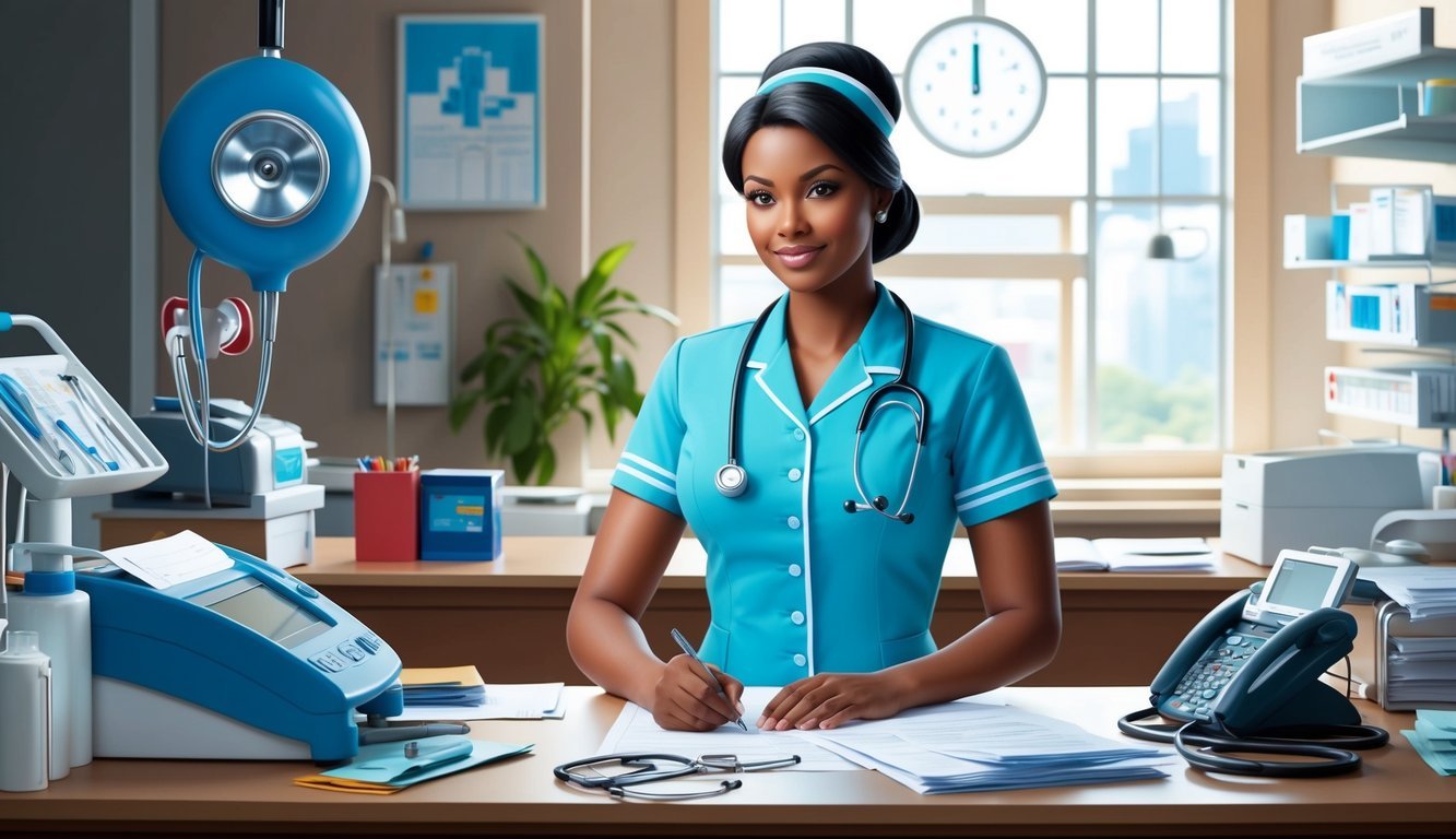 A nurse in uniform working at a hospital desk, surrounded by medical equipment and paperwork, with a stethoscope hanging nearby