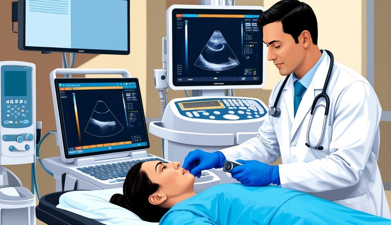 A technician performing an ultrasound on a patient, with various equipment and screens in the background