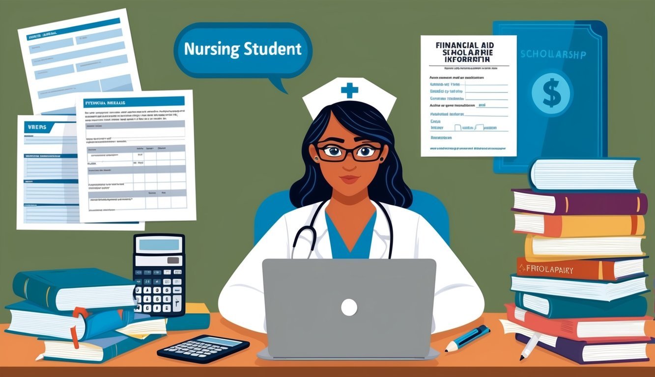 A nursing student studying at a desk with a laptop, surrounded by textbooks, notes, and a calculator.</p><p>A financial aid form and scholarship information are visible