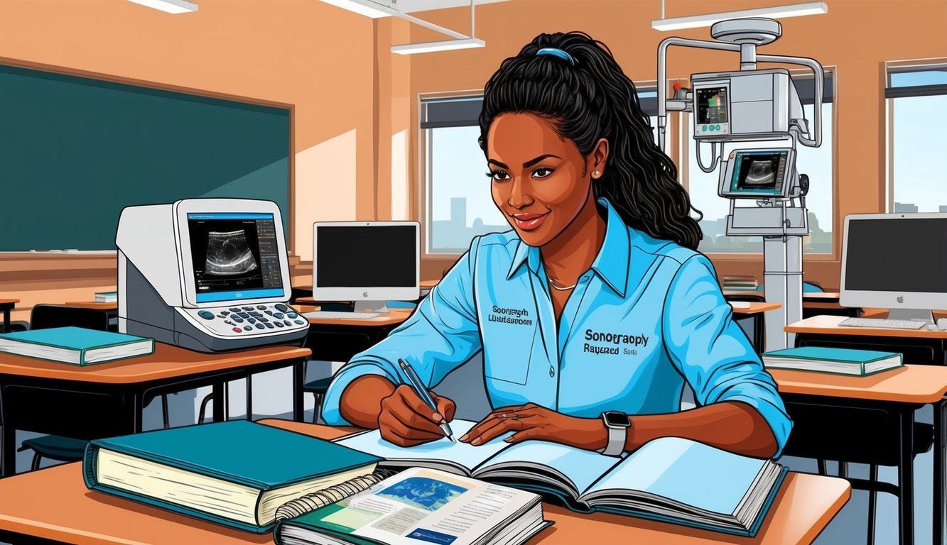 A sonography student studying textbooks and ultrasound equipment in a Texas classroom