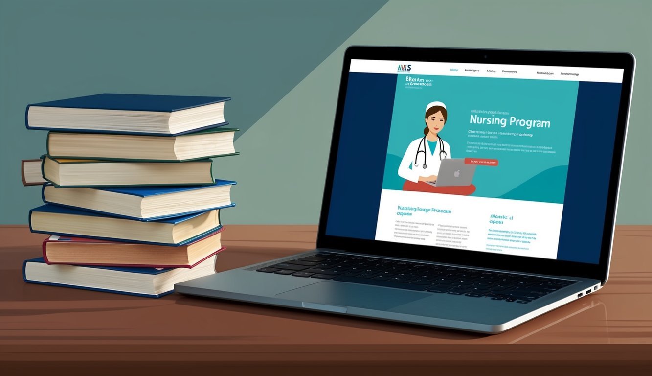 A stack of books and a laptop open to a nursing program website
