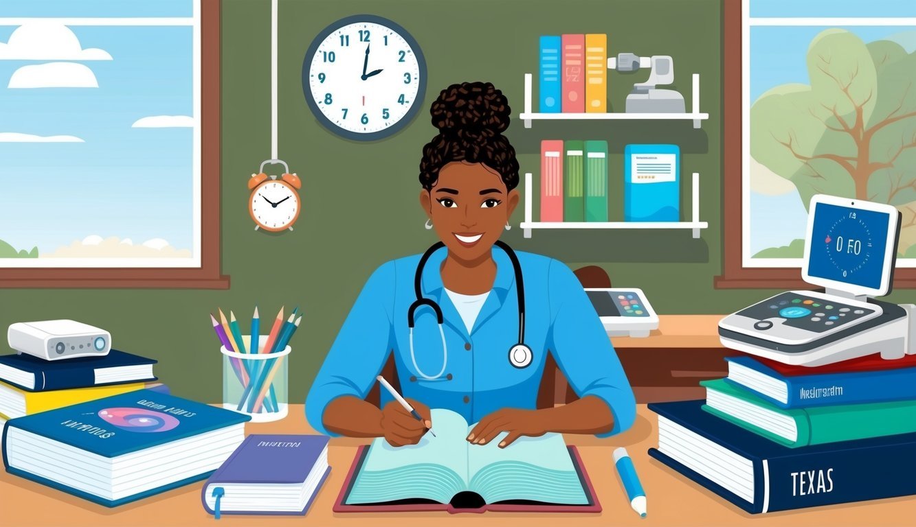 A person studying ultrasound tech in Texas, surrounded by textbooks and medical equipment, with a clock showing the passage of time