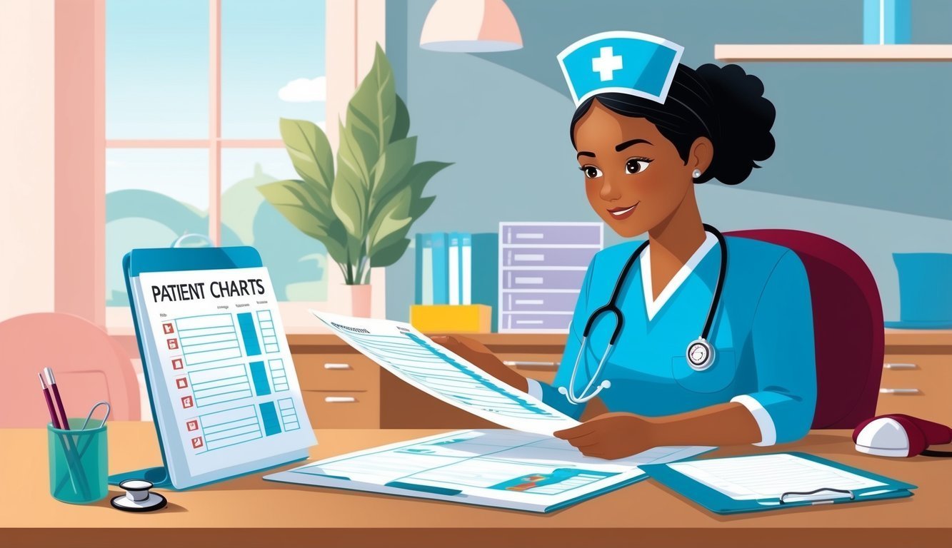 A nurse in uniform reviews patient charts at a desk