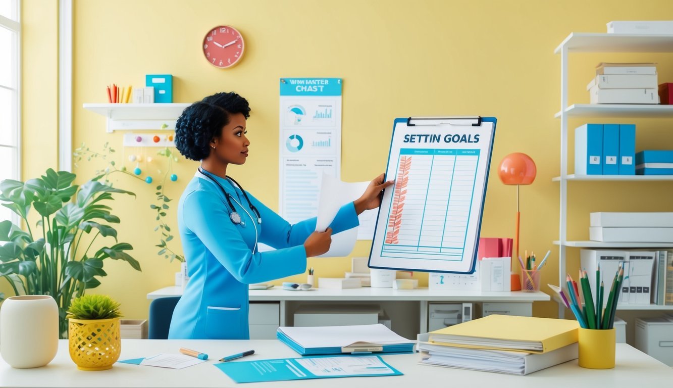 A nurse reviewing charts and setting goals in a bright, organized office
