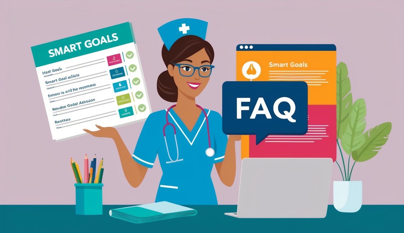 A nurse reviewing a list of SMART goals with a FAQ section highlighted