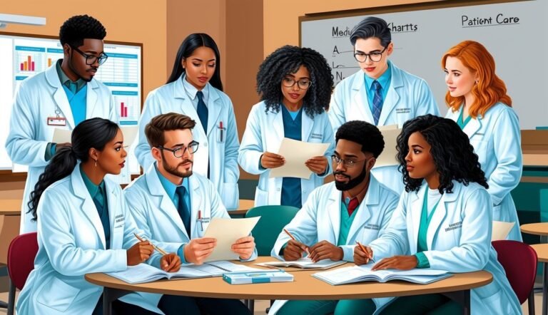 Group of diverse medical professionals in white coats reviewing documents