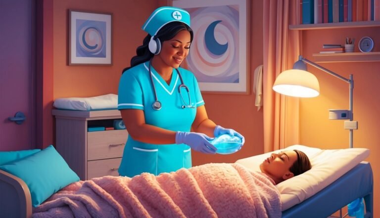 Nurse in blue scrubs tending to a patient in a hospital bed