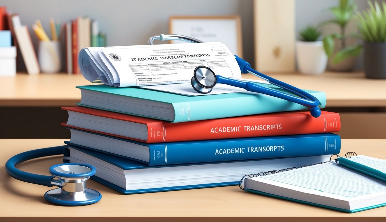 A stack of academic transcripts, a stethoscope, and a nursing textbook on a desk
