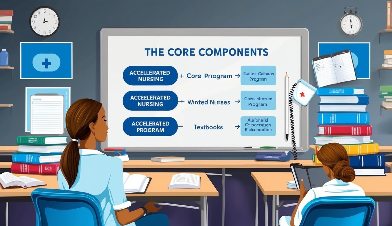 A classroom setting with a whiteboard displaying the core components of an accelerated nursing program, surrounded by medical equipment and textbooks